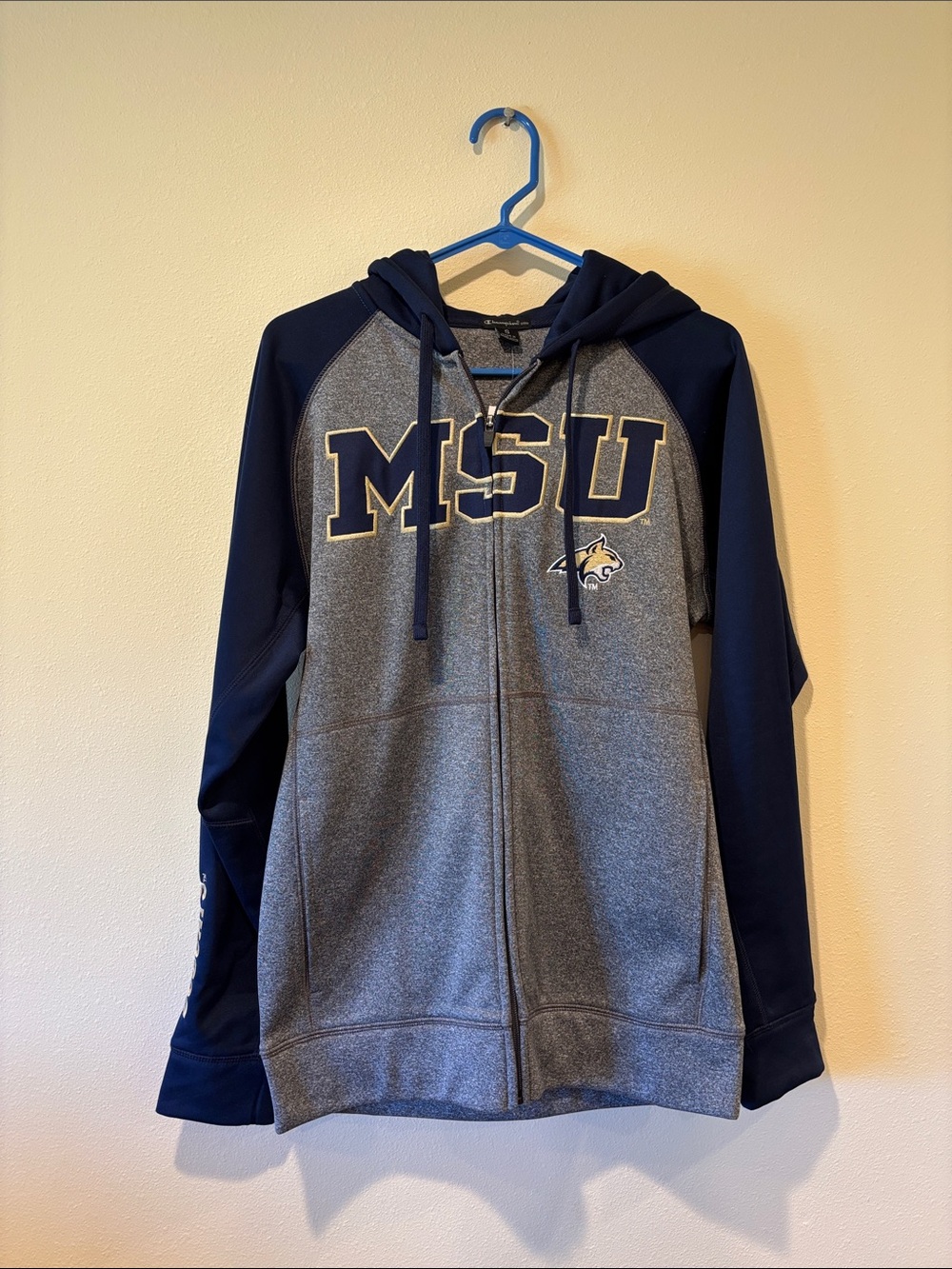 Champion Grey and Navy Collegiate Zip Hoodie with Gold Trim